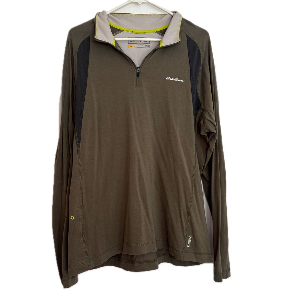Eddie Bauer Mens L Green Olive 1/4 Quarter Zip Pullover Shirt Active Fit FreeDry